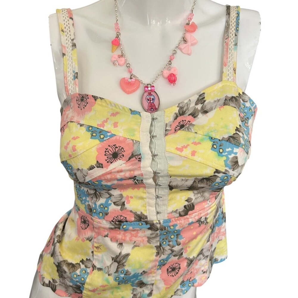 Free People Corset Peplum Top Coquette Cottagecore Floral sz 0 Pink Yellow